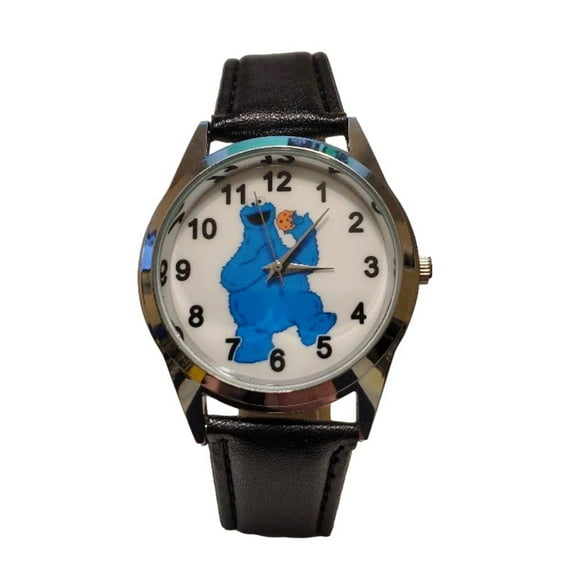 Cookie Monster Character Figure Quartz Black Leather Band Wrist Watch
