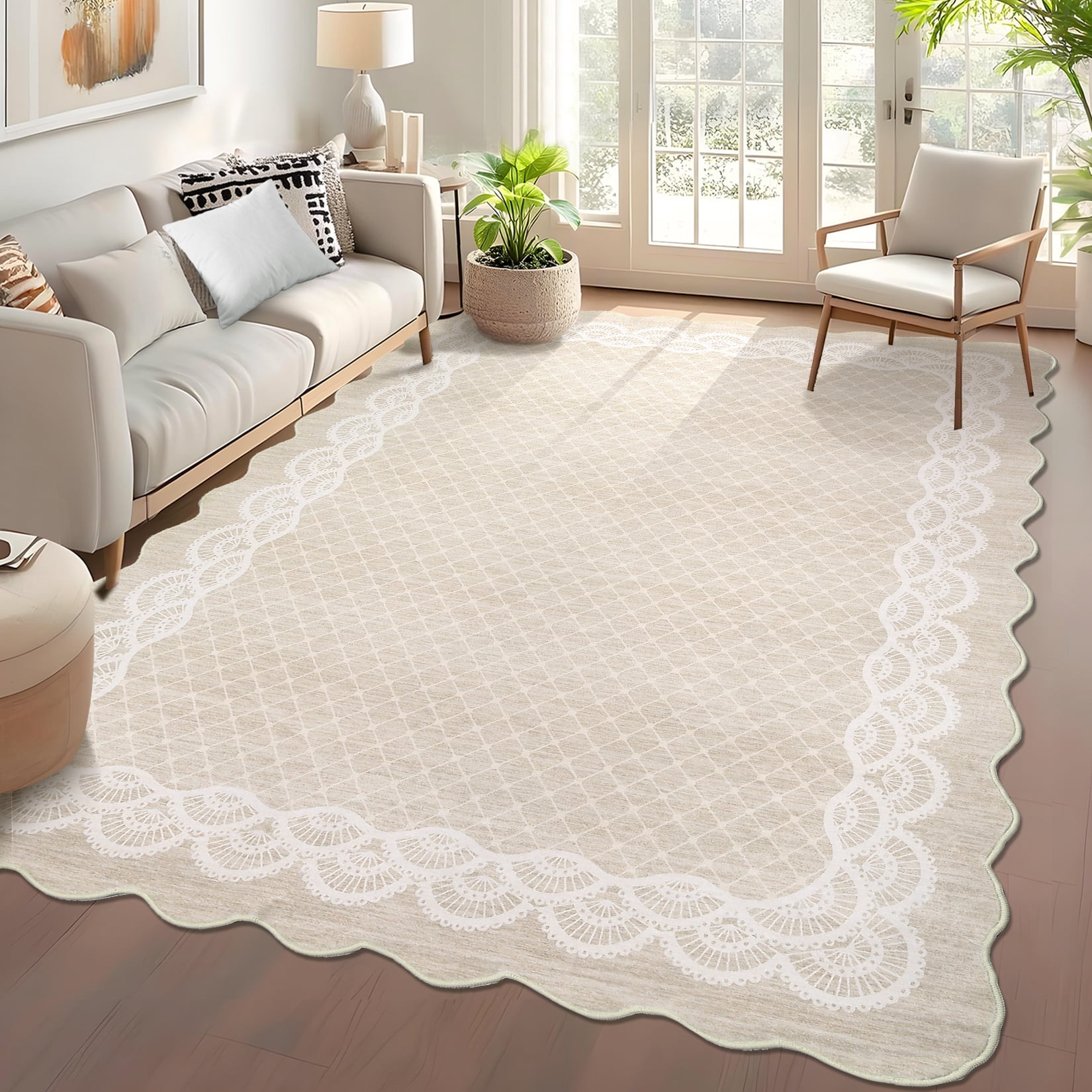 Hasoo Washable Living Room Area Rug 9x12 Large Modern Scalloped Border Non-Slip Soft Foldable Indoor Beige Carpet