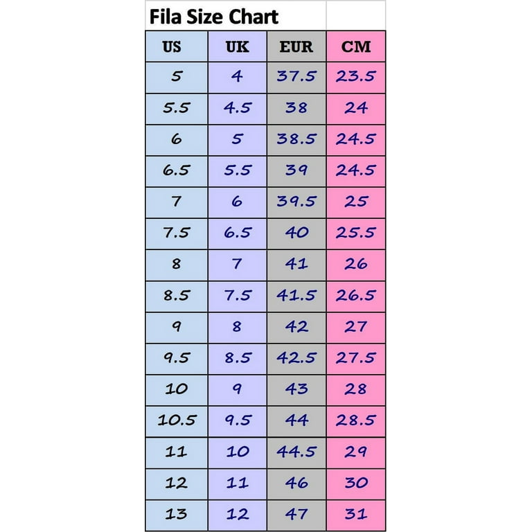 Fila slides size chart deals