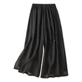thumbnail image 2 of Women's Solid Color Linen Cotton Wide Leg Pants, Elastic Drawstring Waist Casual Loose Trousers, Breathable Summer Palazzo Pants for Women, High Waisted Beach Pants Black L, 2 of 3