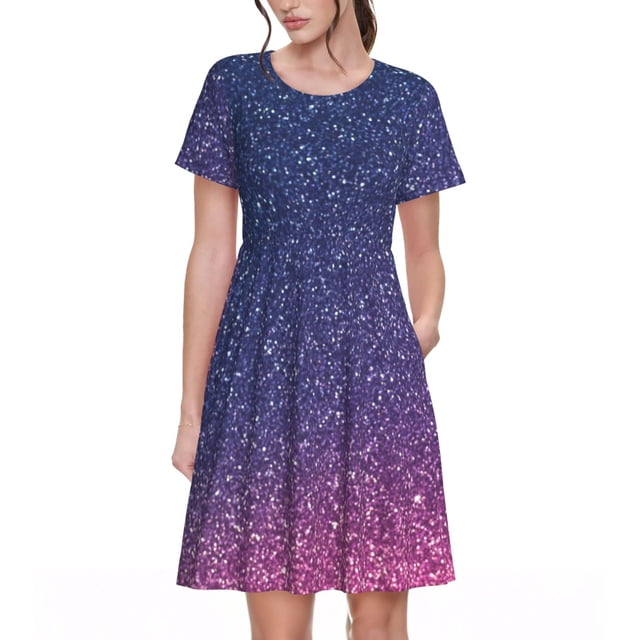 Disketp Violet Glitter para Vestido de Manga Corta para Mujeres, Vestidos de Verano para Mujeres, Casual y Holgado para la Playa