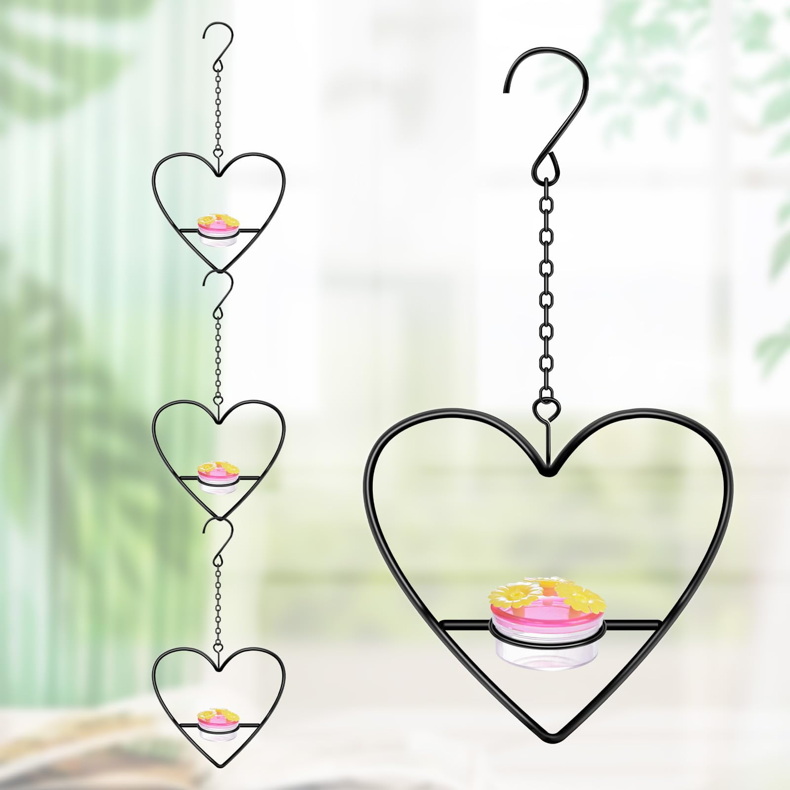 3 Pcs Hummingbird Feeders for Outdoors Hanging, Metal Nectar Feeders Circular Heart for Outdoors Hanging Ant and Bee Proof for Outside Garden, Backyard, Patio & Deck (Heart Shaped)