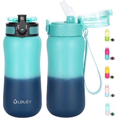

12 oz Insulated Kids Water Bottle with Straw/Chug/2 One-Click-Open Lids 10 Stickers Fruit Strainer Stainless Steel Water Bottles Double Wall Vacuum Wide Mouth BPA Free Sweat & Leak-Proof for School