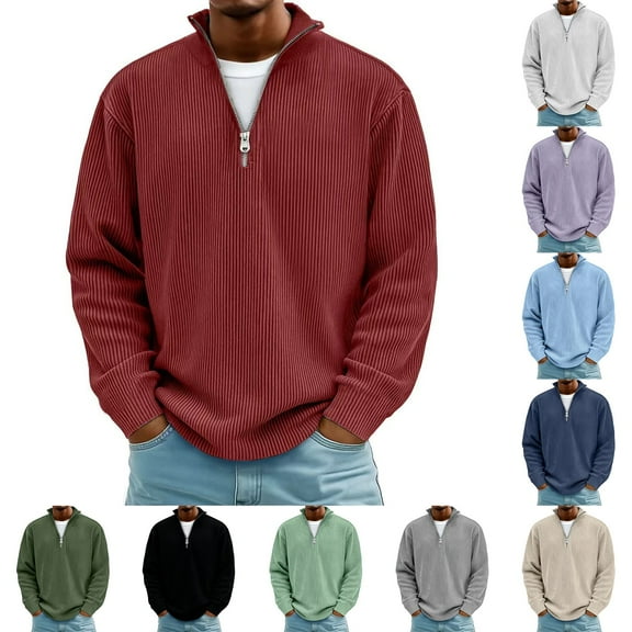 DIOAZUD Quarter Zip Up Tops for Men Corduroy Long Sleeve Stand Collar Pullover Solid Color Basic Pullovers Big and Tall Casual Top