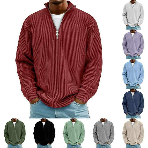 RKSTN Long Sleeve Shirts for Men Oversized Quarter Zip Ribbed Mock Neck T Shirt Pullover Top Mens Casual Solid Half Zip Stand Collar Versatile Regular Fits Comfortable Tee Shirt Fall Spring Clothes