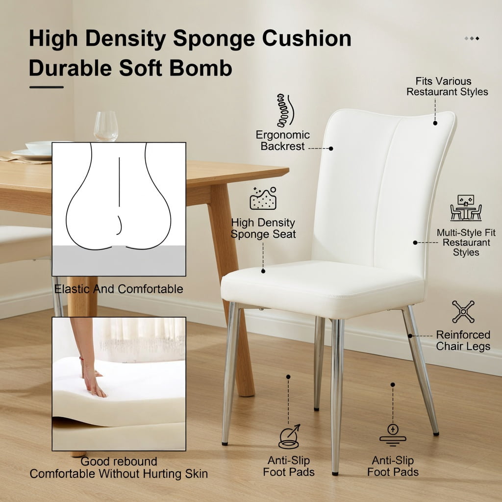 Hommoo Modern Minimalist Dining Chairs Set of 6, PU Leather with Ergonomic Curved Backrest & Electroplated Metal Legs for Kitchen, Dining Room, Living Room & Bedroom, White