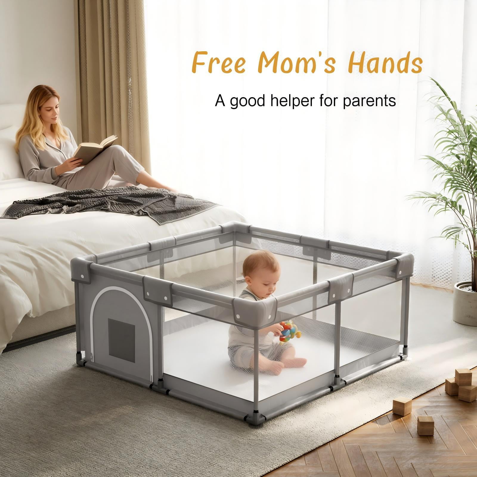 NimbleRest 46.5"x46.5" Large Baby Playpen Toddler Play Yards Safety Fence, Gray