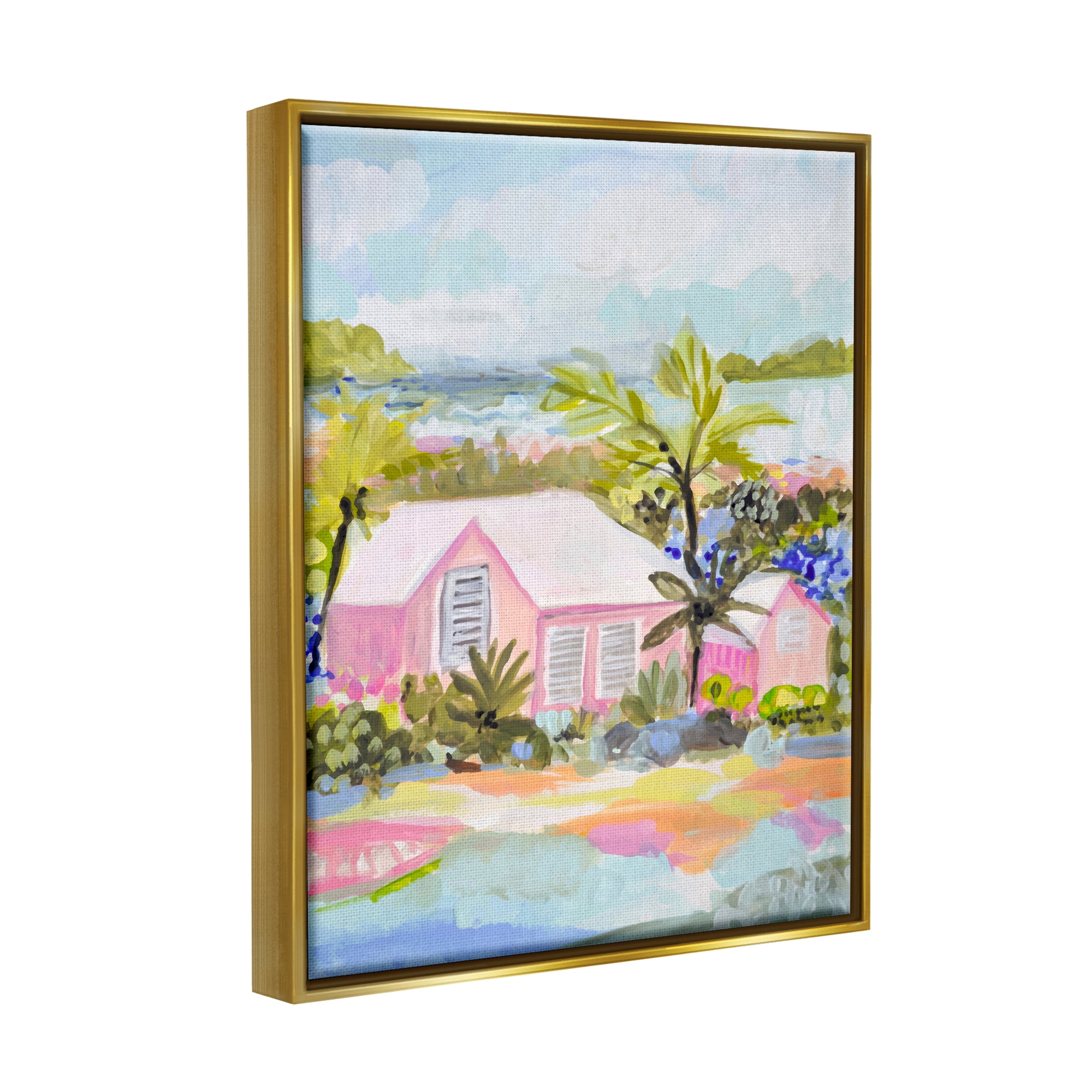 Stupell Industries Pink Tropical Cottage Landscape Painting Gold Floater Framed Canvas Art Print Wall Art, 25 x 31