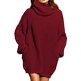 thumbnail image 1 of Vestido suéter de cuello alto Vestido jersey de manga larga Suéter de color puro de gran tamaño para mujer Rojo vino L, 1 of 6