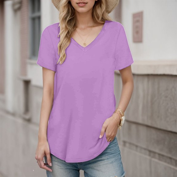 Conairie V Neck T Shirts For Womens Solid Loose Short Sleeve Tunic Tops Breathable Basic Work Tee Vacation Clothes Light Purple L