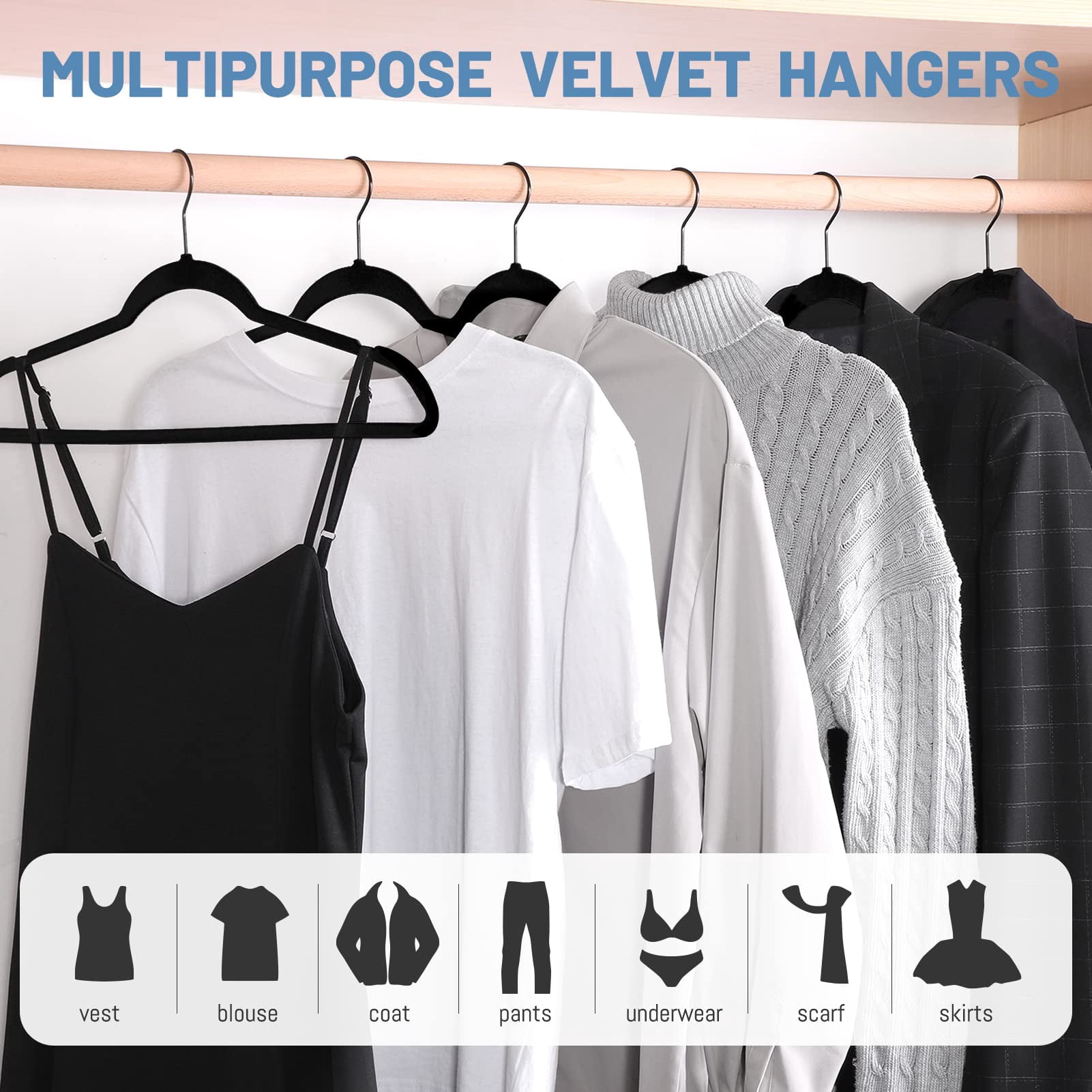 House Day Non-Slip Velvet Coat, Dress, Jacket Clothes Hangers, Black 60 Pack