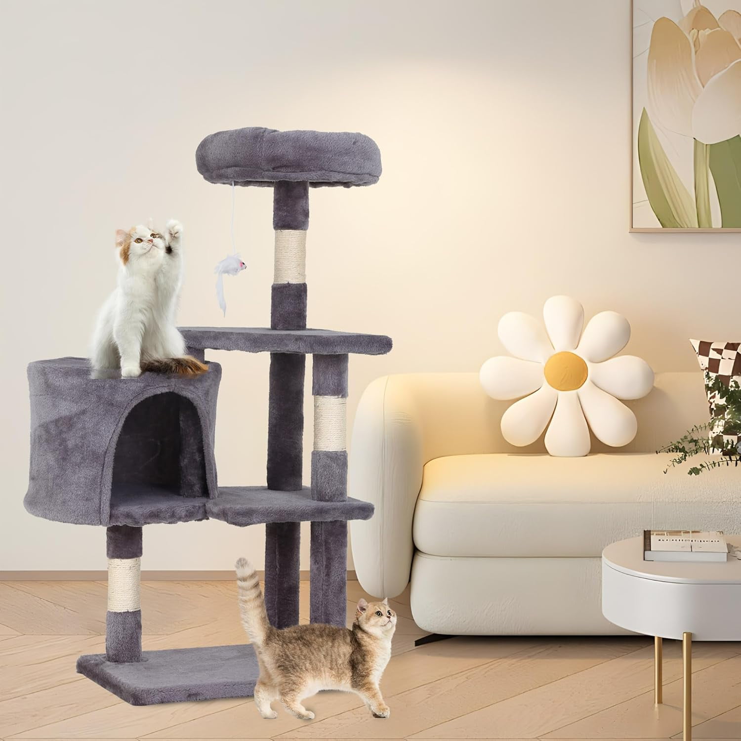 FDW Cat Tree 37 Inch Tall Cat Tower Kitten with Scratching Posts and Perches Indoor Activity Center for Cats (Light Grey)