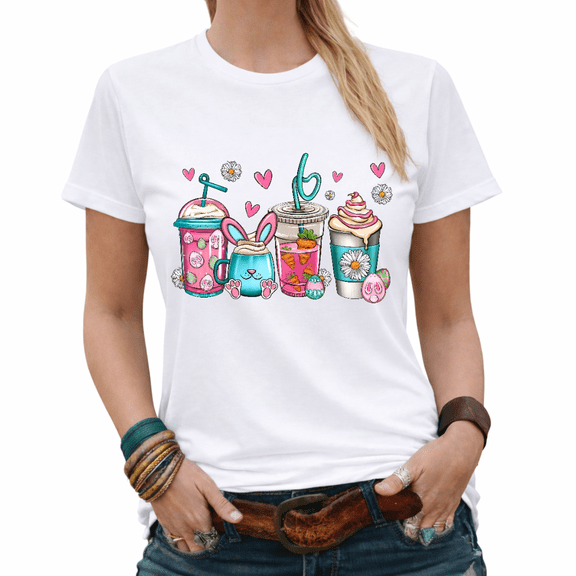 Trendy Retro Easter Drinks Bunny Ears Graphic Tees Womans T-shirt White/Black S-5XL Tops