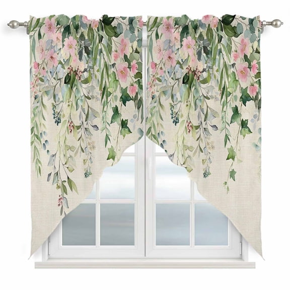 Sage Green Eucalyptus Leaves Swag Curtains for Kitchen/Bedroom/Living Room, Weeping Floral Summer Botanical Scalloped Curtains 63 Inch Long, Window Swag Topper Curtains Valances 2 Panels Set 36"x63"