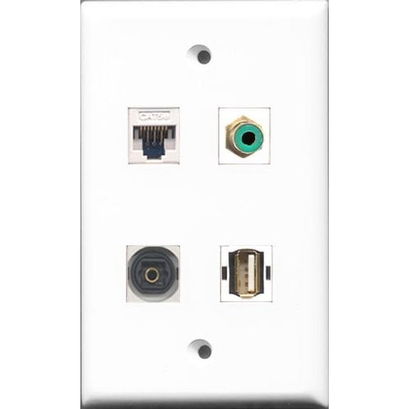 RiteAV 1 Port RCA Green and 1 Port USB A-A and 1 Port Toslink and 1 Port Cat5e Ethernet White Wall Plate