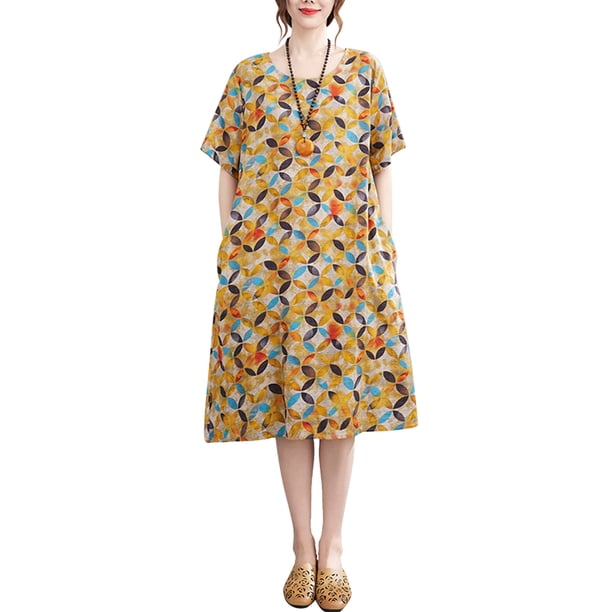 Vestido suelto de mujer Vestido bohemio con estampado floral con bolsillos Manga corta Cuello r Abanopi Vestido
