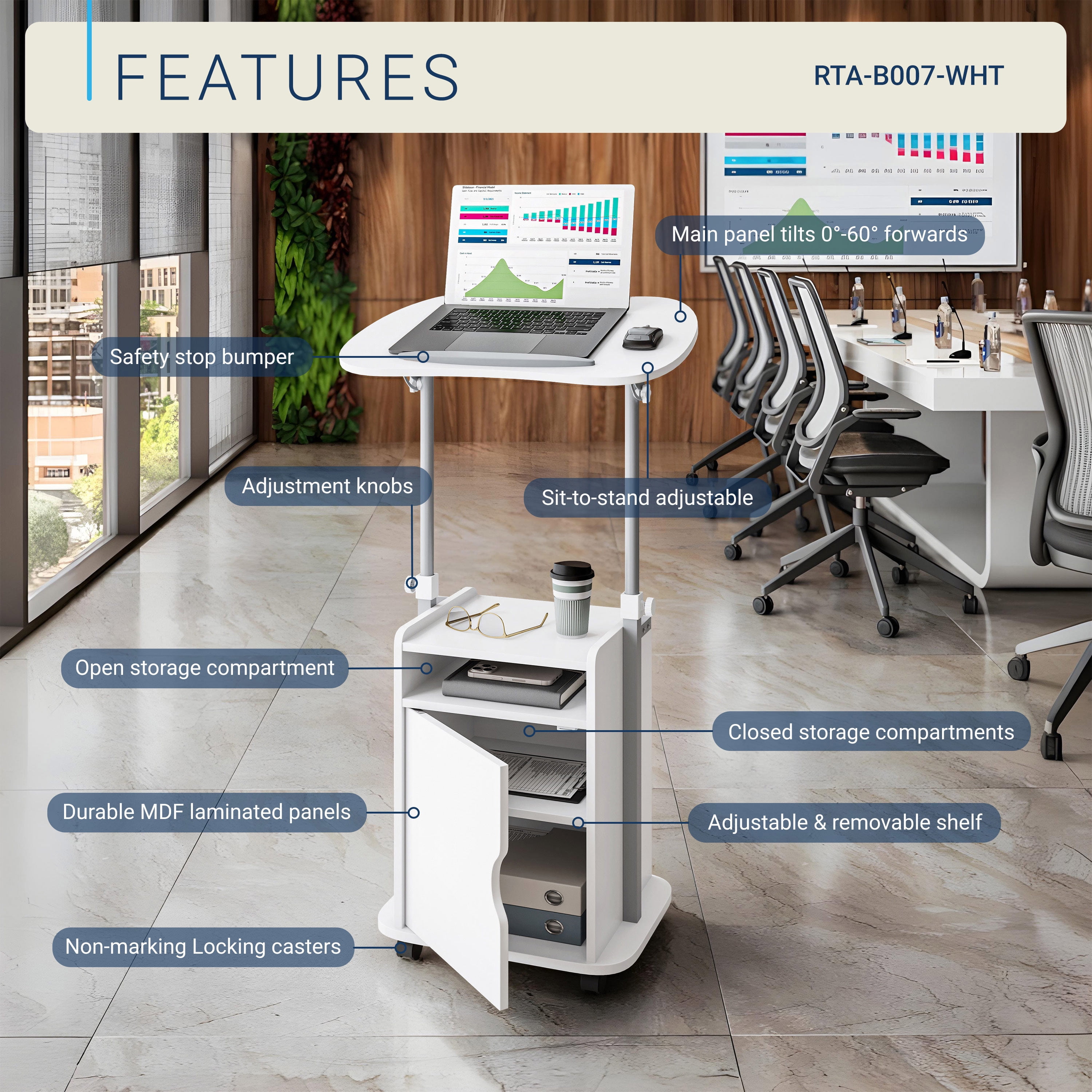 Sit-to-Stand Rolling Height Adjustable Laptop Cart with Closed Cabinet & Open Storage Shelf, Lockable Casters Ergonomic Mobile Standing Desk Podium for Home Office Classroom Bedside