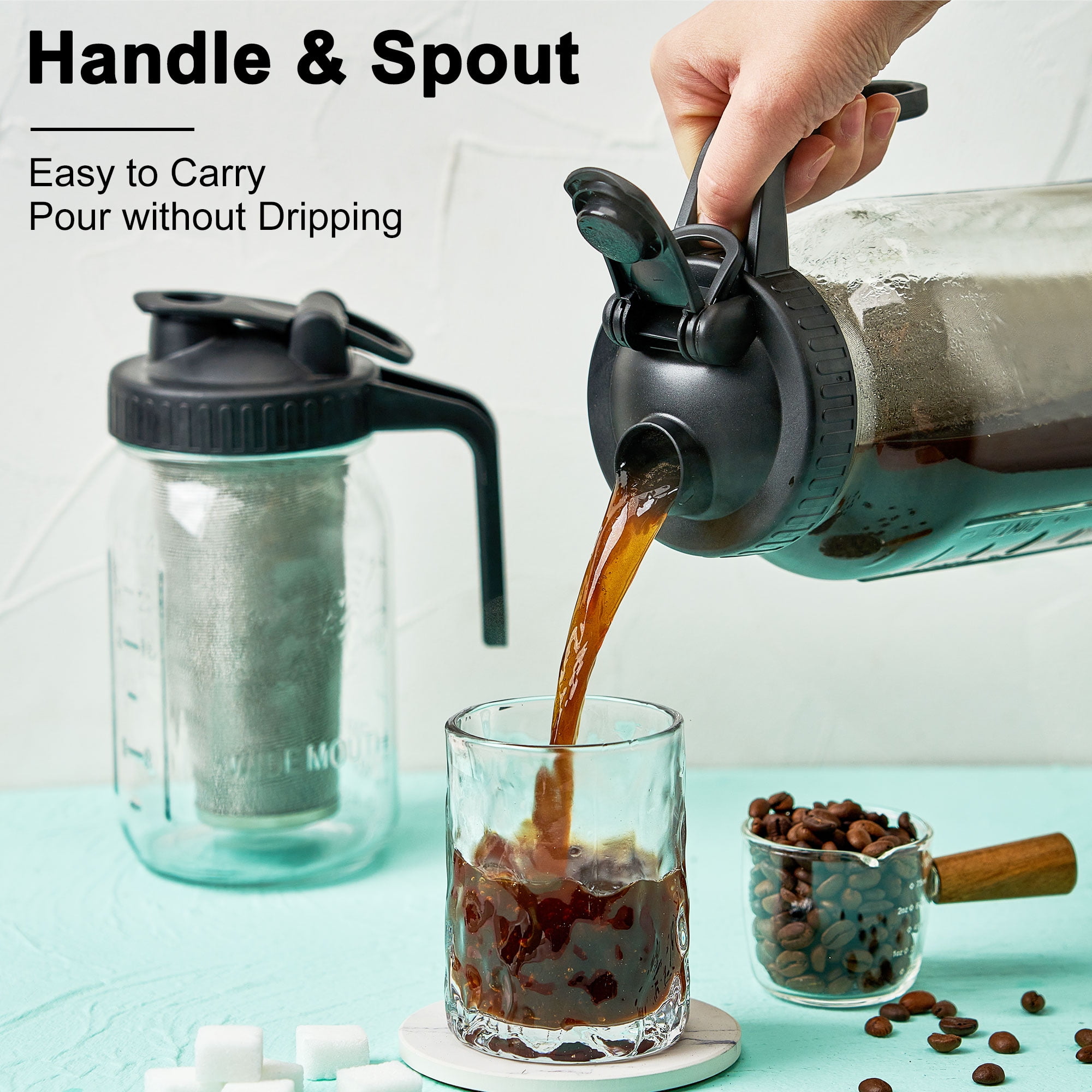 VA1KENE 64oz Cold Brew Coffee Pitcher Ice Coffee Maker with Spout, Handle & Stainless Steel Filter Coffee Maker with lid for Home Kitchen-Black