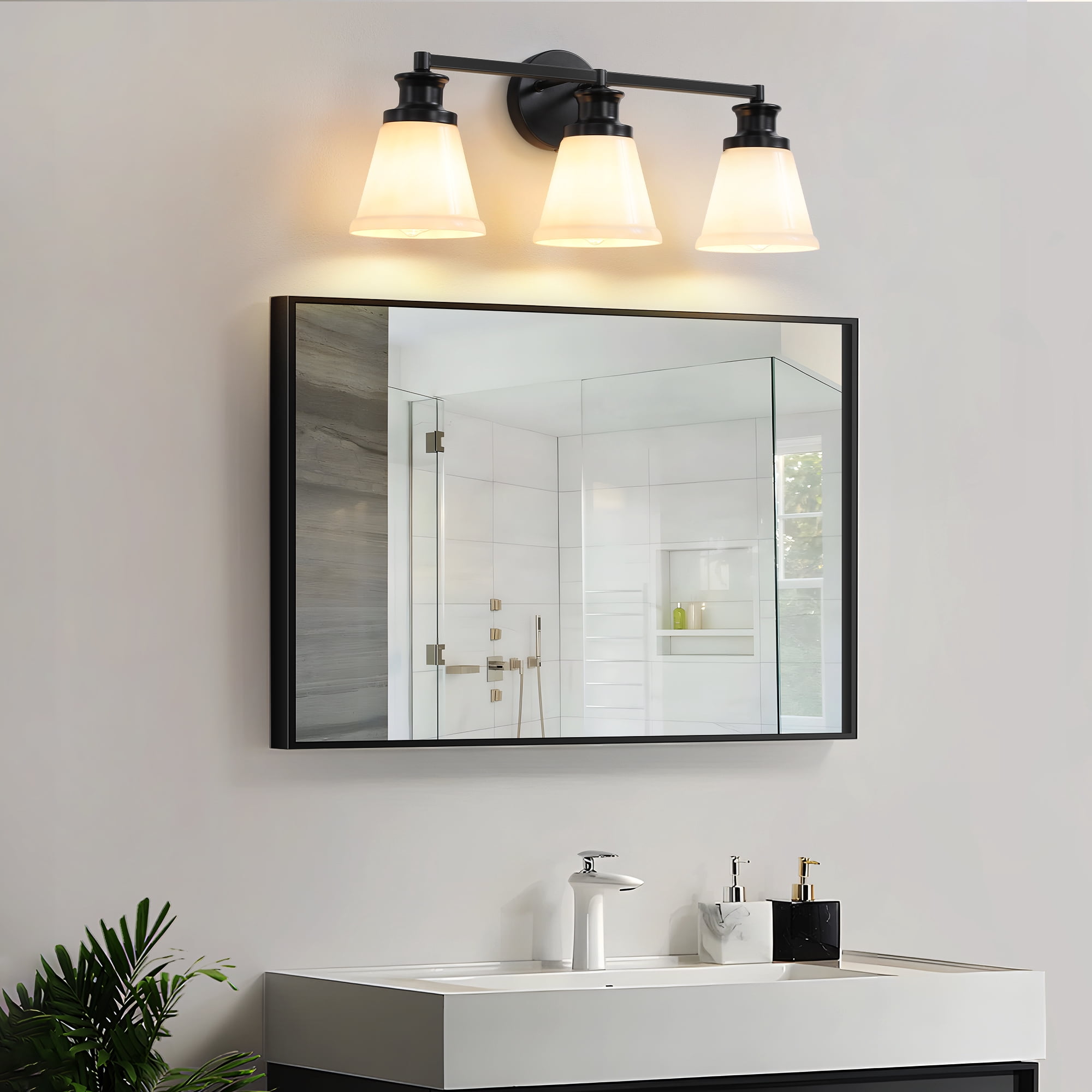 Bathroom Vanity Light Fixtures 3 Lights Modern Bathroom Lighting Fixtures Over Mirror with Frosted Milky Glass Shade Black Wall Sconce for Bath Bedroom