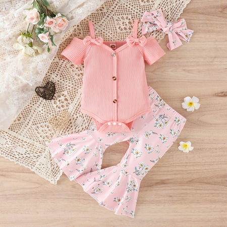 

Newborn Baby Girls Ribbed Romper Tops Bodysuit Floral Pants Clothes Outfits Set