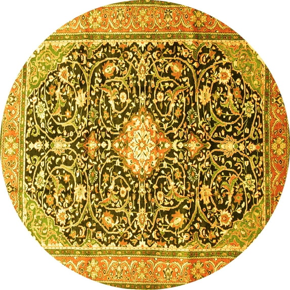 Ahgly Company Machine Washable Indoor Round Medallion Yellow Traditional Area Rugs, 4' Round