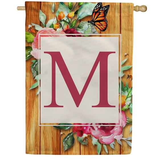 America Forever Spring Monogram House Flag Letter M 28 x 40 inches Double Sided Vertical Outdoor, Yard, Lawn, Seasonal Decorative Flowers Bees and Butterflies Summer House Flag