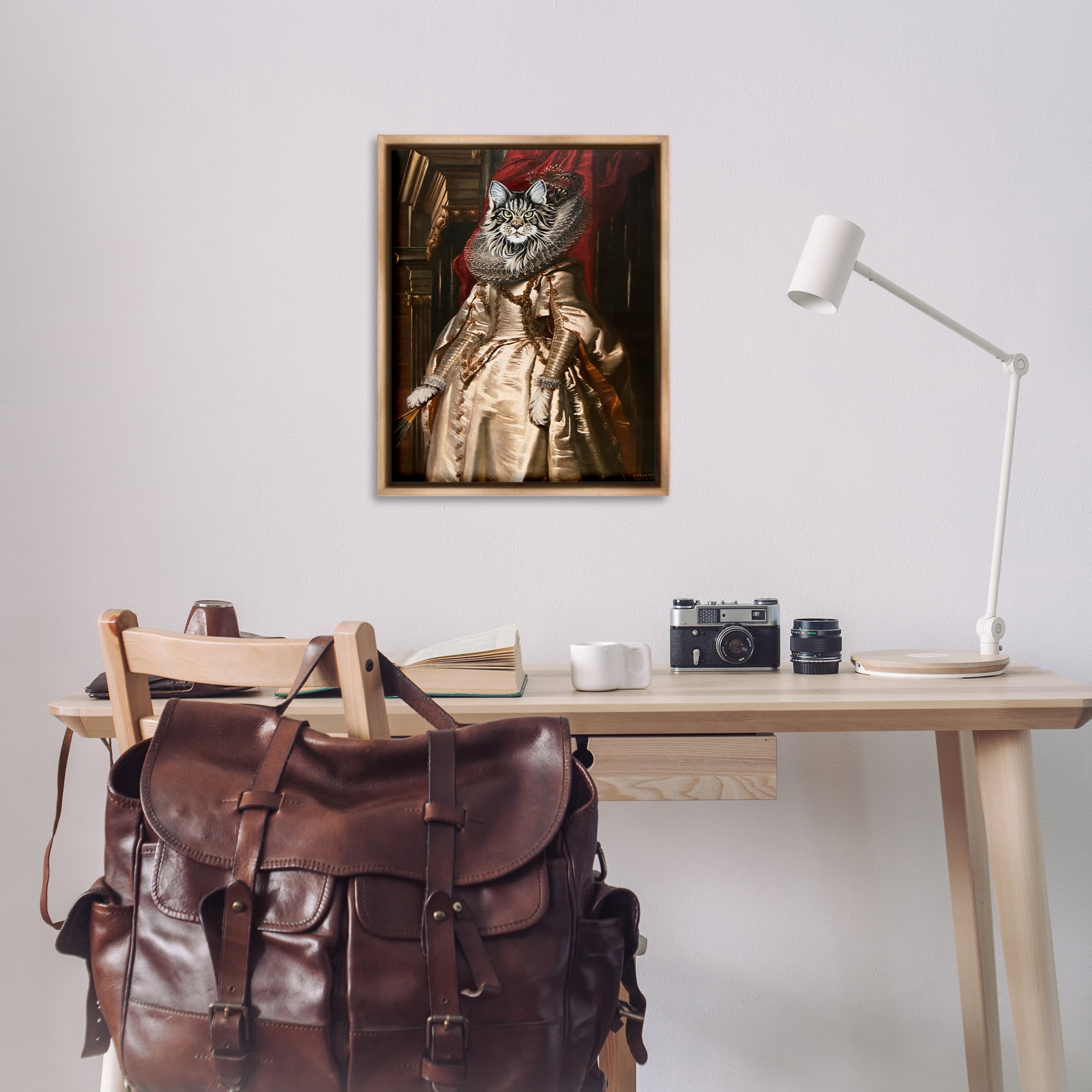 Stupell Industries Renaissance Cat Portrait History & Language Painting Brown Floater Framed Canvas Art Print Wall Art, 25 x 31
