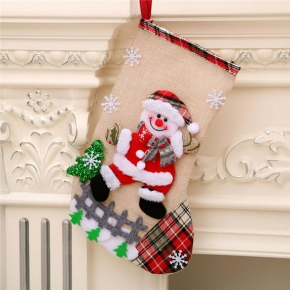 Christmas Stockings - 12 Inches Christmas Socks Decorations, Linen Large 3D Snowman Design Hanging Gifts Bags for Family Holiday Xmas Party Decor Xmas Tree, Mantel