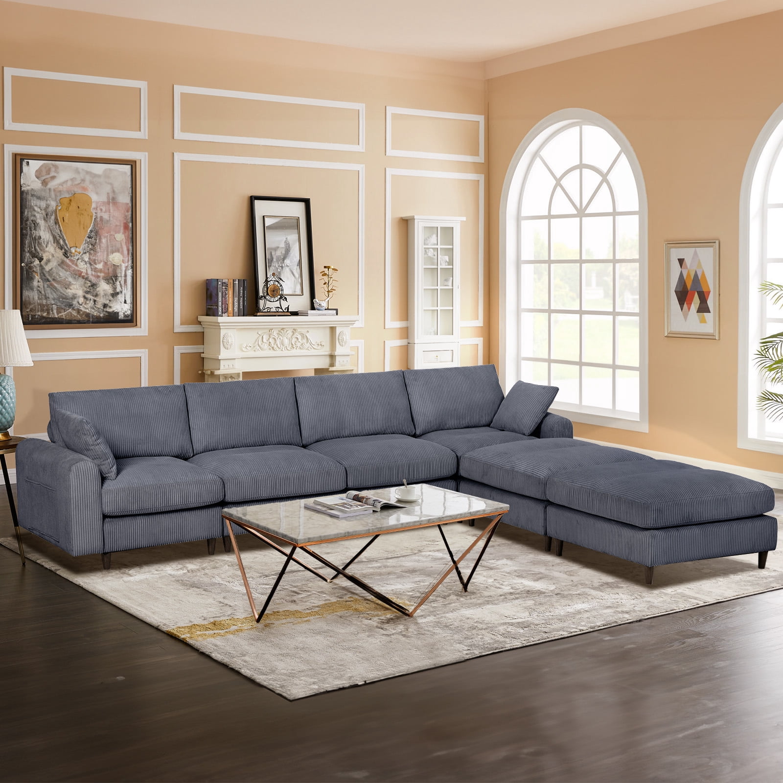 Gewnee Corduroy Modular Combination 6 Seat Sofa,U-shaped Foldable L-shaped Sofa Set with Ottomans,Adjustable Headrest,Side Storage Bag,Suitable for Living Room,Apartment,Office.Grey