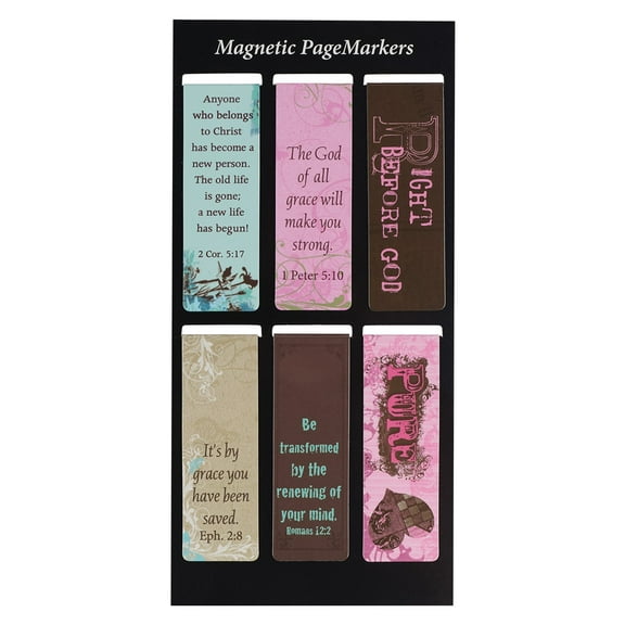 Christian Art Gifts Set of 6 Vintage Floral Grace Inspirational Magnetic Bible Verse Bookmark with Scripture, Size Small 2.3" x .75"