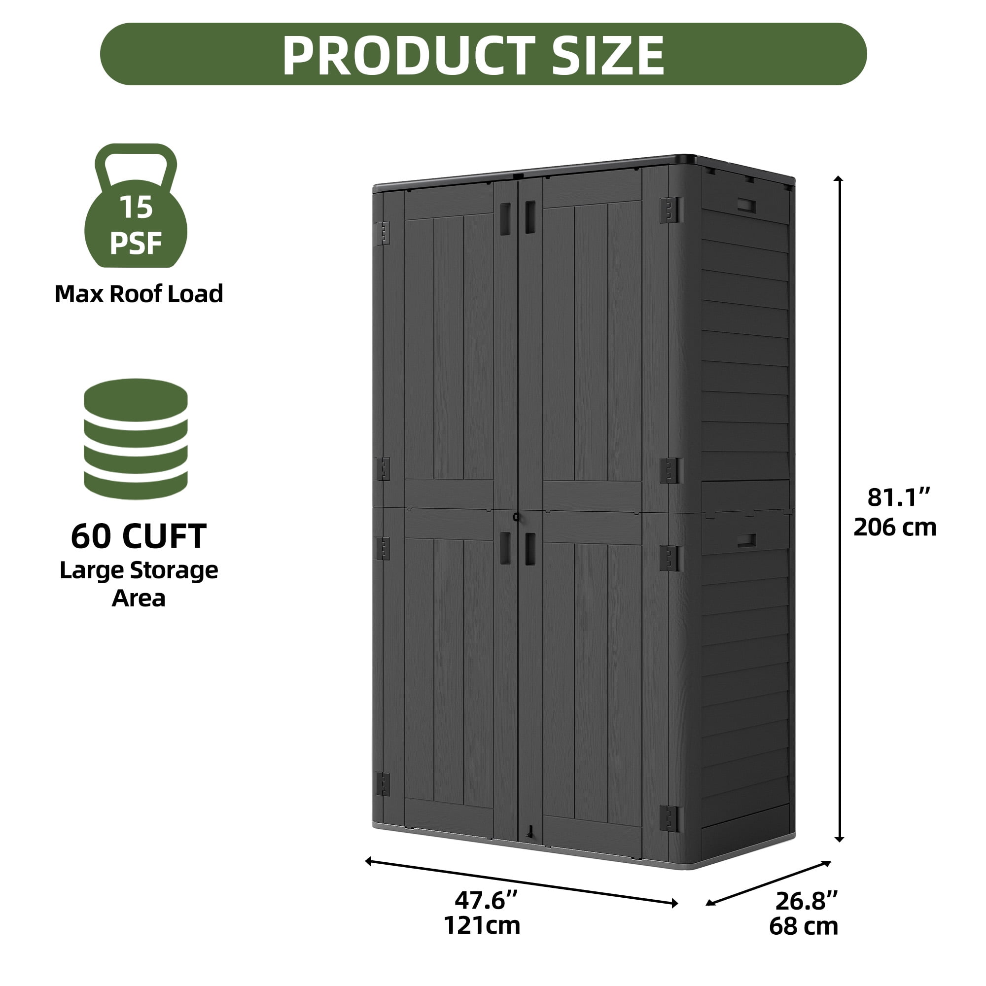Craftian Outdoor Vertical Storage Shed, 25 Cubic Feet with Shelving for Bicycles, Garden Tools, Garage, Poolside, Dark Gray & Black