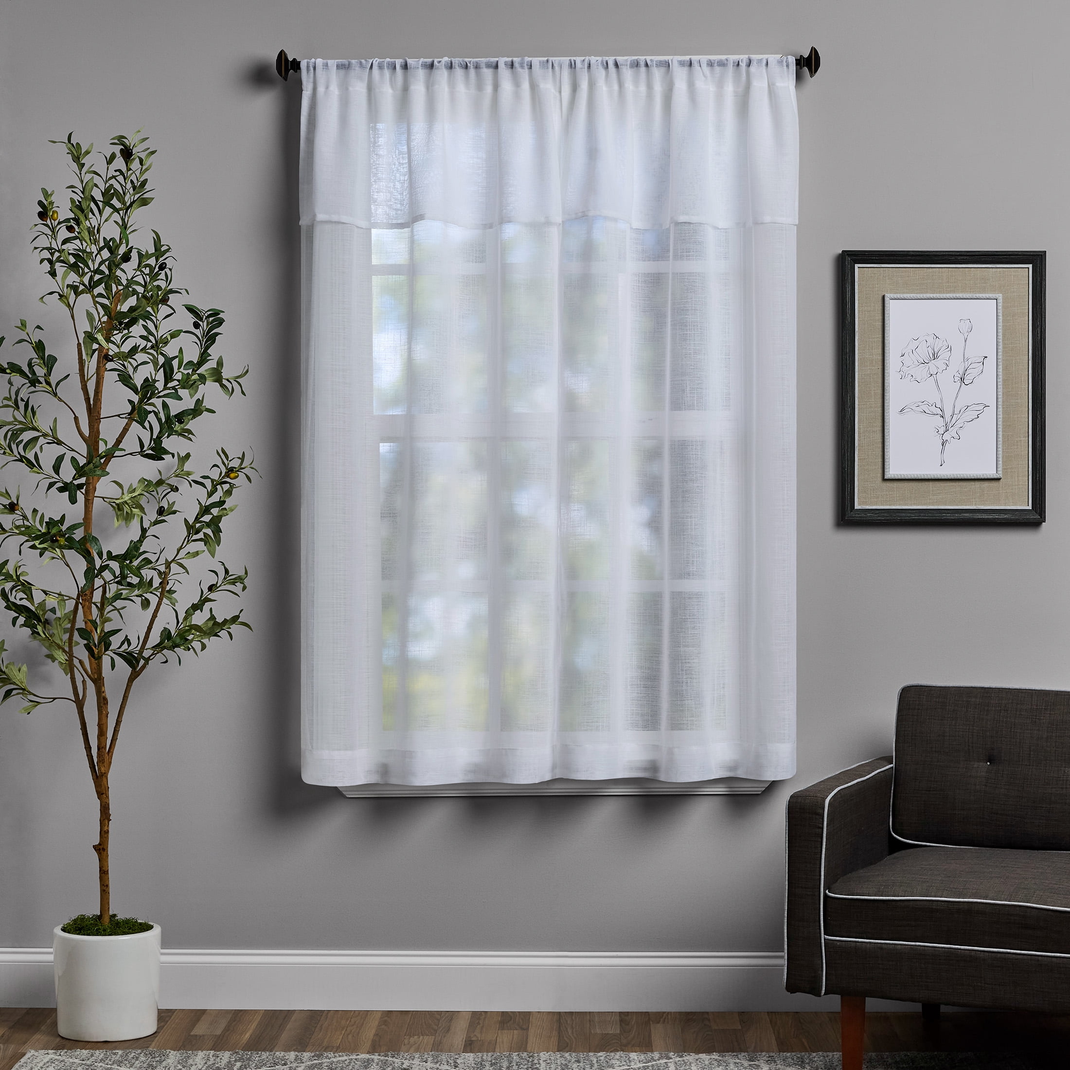 Mainstays Sheer Curtain Panel Pair with Attached Valance, Set of 2, White, 37"W x 63"L