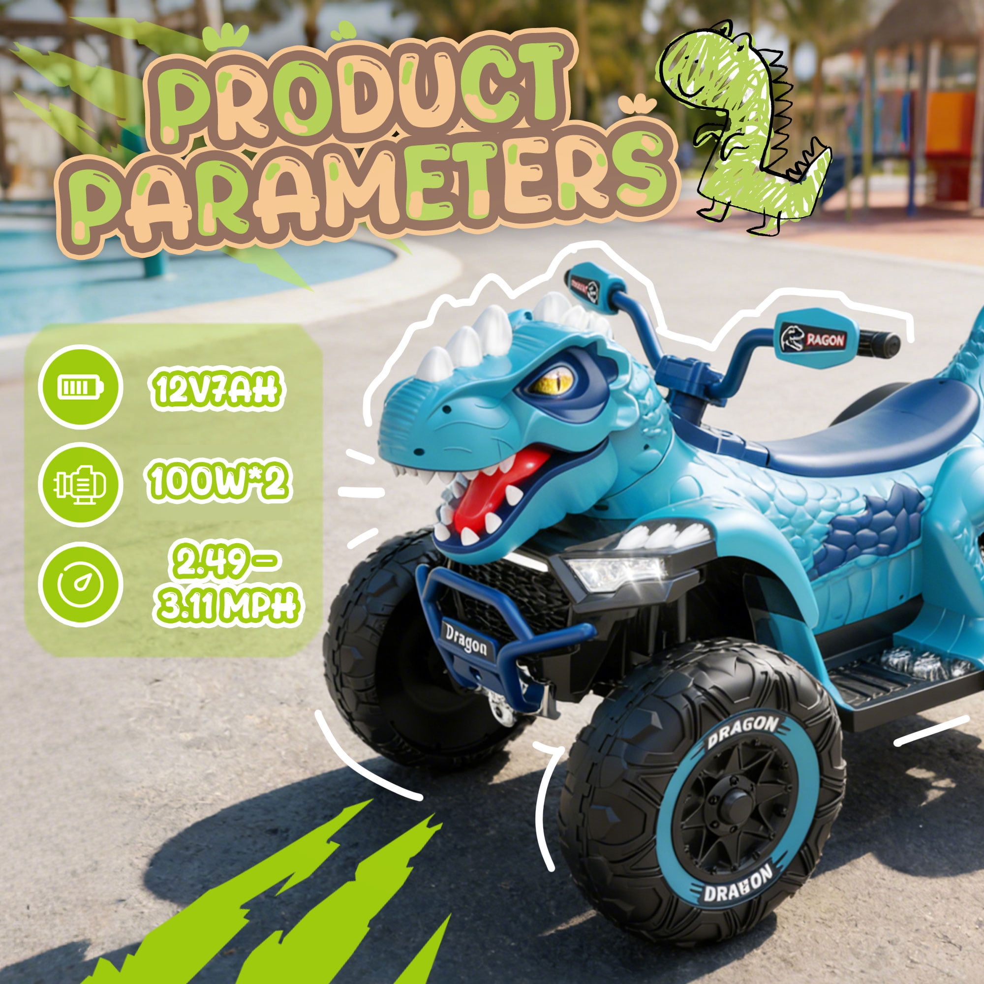 KEEPSUN 12V Ride on Toy for Kids, Dinosaur Ride on Car w/ Remote Control, 2-Seater 4 wheeler Kids ATV Quad with 100W*2 Motors, Bluetooth, Spring Suspension, Music, Cool Lights, Blue