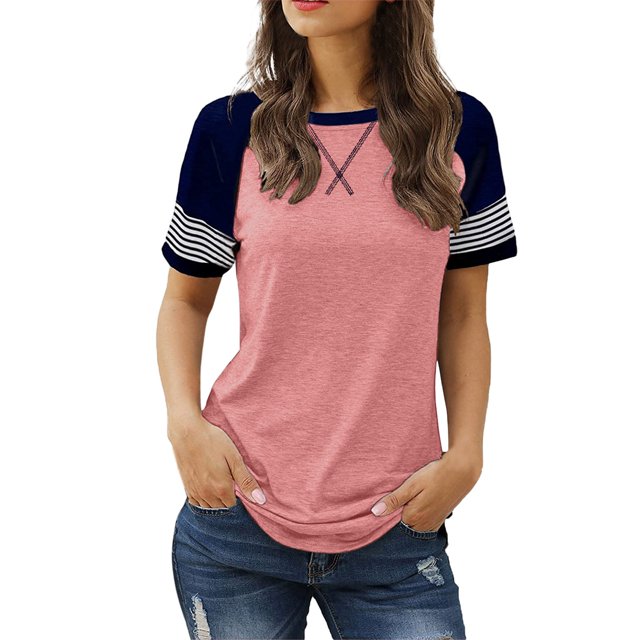 Vente Chaude! Uooqdmx T-Shirts Basiques pour Femmes, Chemise Rayée pour Femmes, Hauts Colorblock pour Femmes, T-Shirt Col Rond Blouse Décontractée Ample, Chemises à Manches Courtes pour Femmes, Rose S