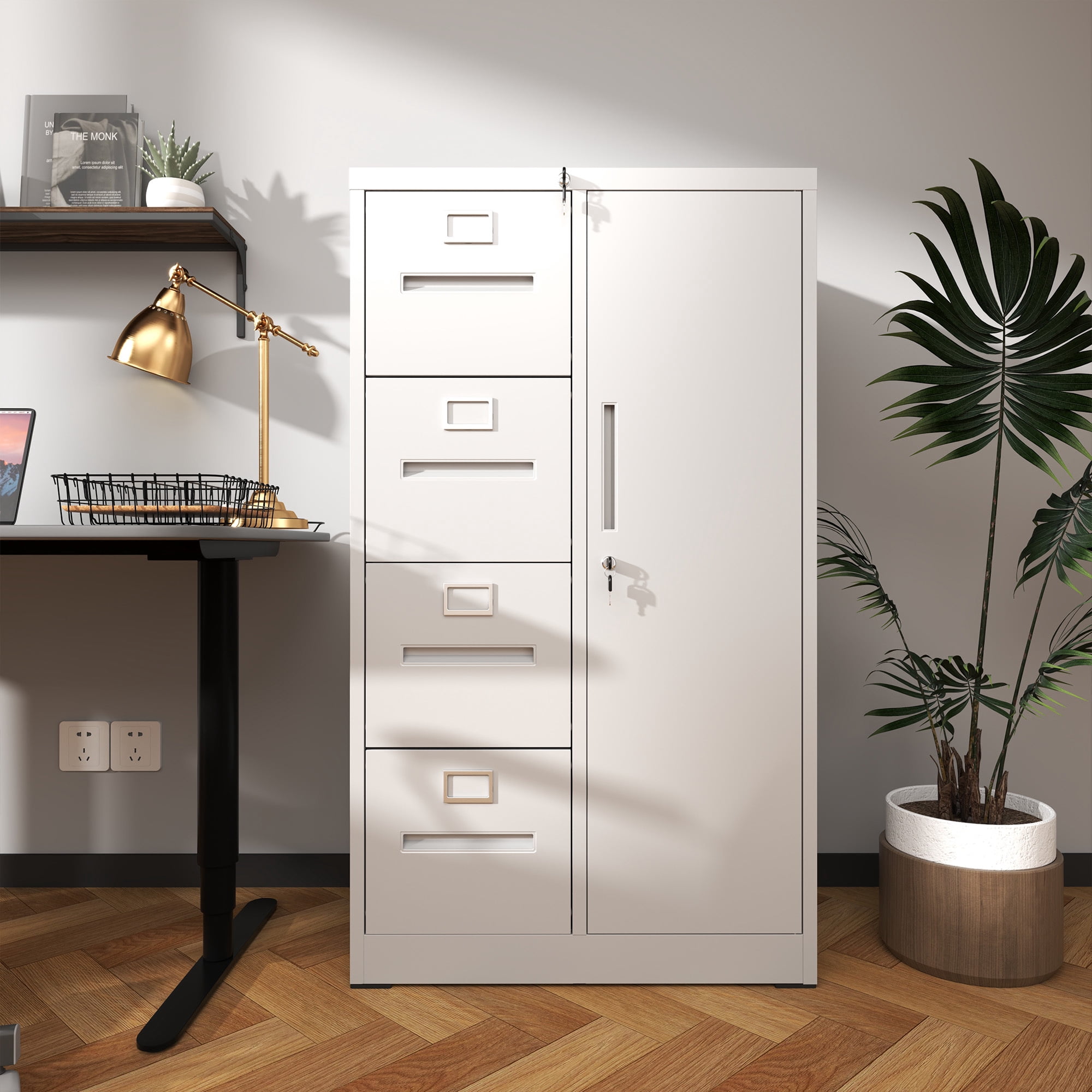 Leumius 52.4" Tall Metal Storage Cabinet with Lock,Freestanding Filing Cabinet Armoire Wardrobe Closet with 4 Drawers & Hanging Rod for Office,Living Room,School,White