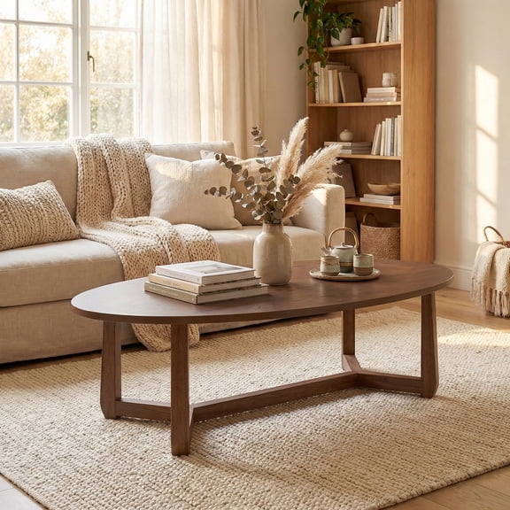 ELLEGNT 46" Oval Coffee Table with Thickened Top – Solid Rubber Wood Frame for Living Room Walnut