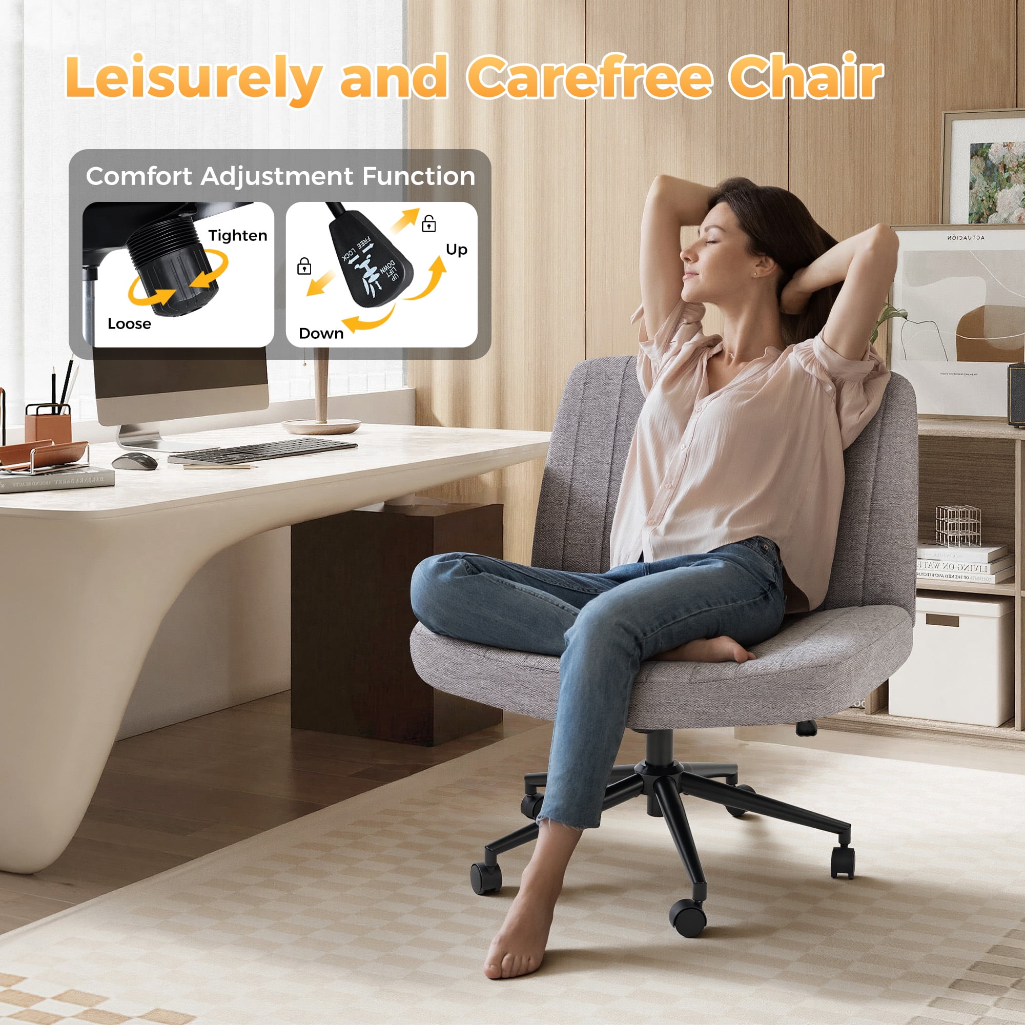 Office Chair Armless Criss Cross Legged Chair with Wheels, Comfy Home Office Desk Chairs, Adjustable Swivel Padded Fabric Vanity Task Computer Chair,Gray