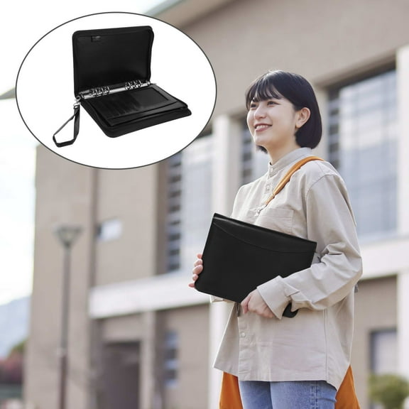 HEMOTON Black PU Zipper Portfolio for Documents with Multiple Compartments Business Binder A5 Size