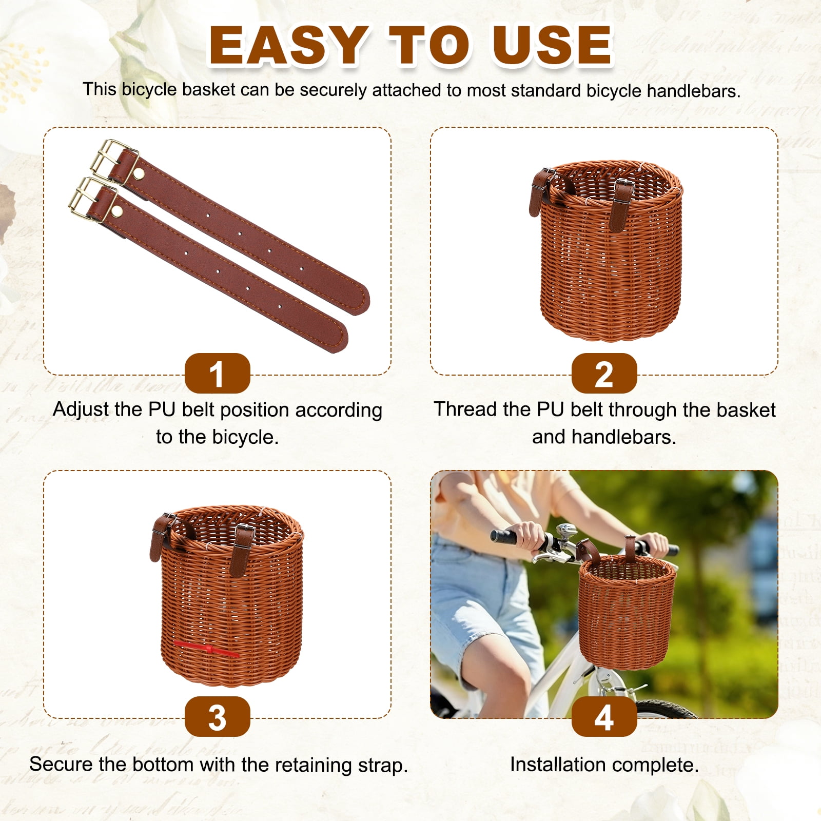 Uxcell Bike Basket, Imitation Rattan Bicycle Basket Adjustable Front Baskets with 2 Leather Belt Buckles Strong Load 7.3 x 7.3 x 8.2" & Brown-Fitting For(Most Bikes/Tricycle/Scooters)