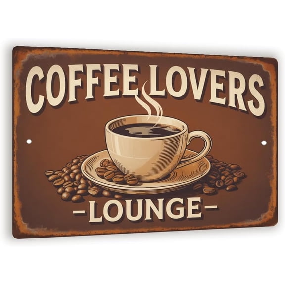 Vintage Coffee Lovers Lounge Metal Sign – Rustic Coffee Bar Wall Art With Steaming Cup Illustration, Distressed Café Kitchen Decor 8x12