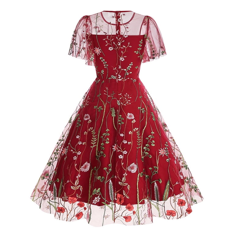 green emerald velvet dress Mesh Floral Embroidered Dress for Women Vintage Cocktail Party Dress  Keyhole Illusion Short Sleeve Flower Embroidery Tulle Prom Dresses Knee  Length A Line Spring Casual Wedding Evening Dress Apricot S at Amazon main image 1