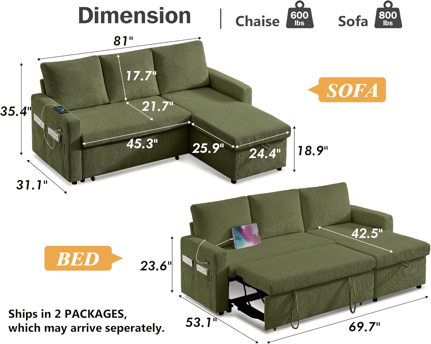 81"L-Shape Convertible Sleeper Sectional Sofa with Storage Chaise and Pull-Out Bed,Reversible Corner 3 Person Couch, for Living Room, Apartment,USB Ports