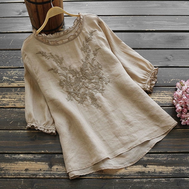 Harajuku-Top de lino y algodón de estilo étnico para mujer, camiseta bordada holgada de manga media, ropa de moda de verano