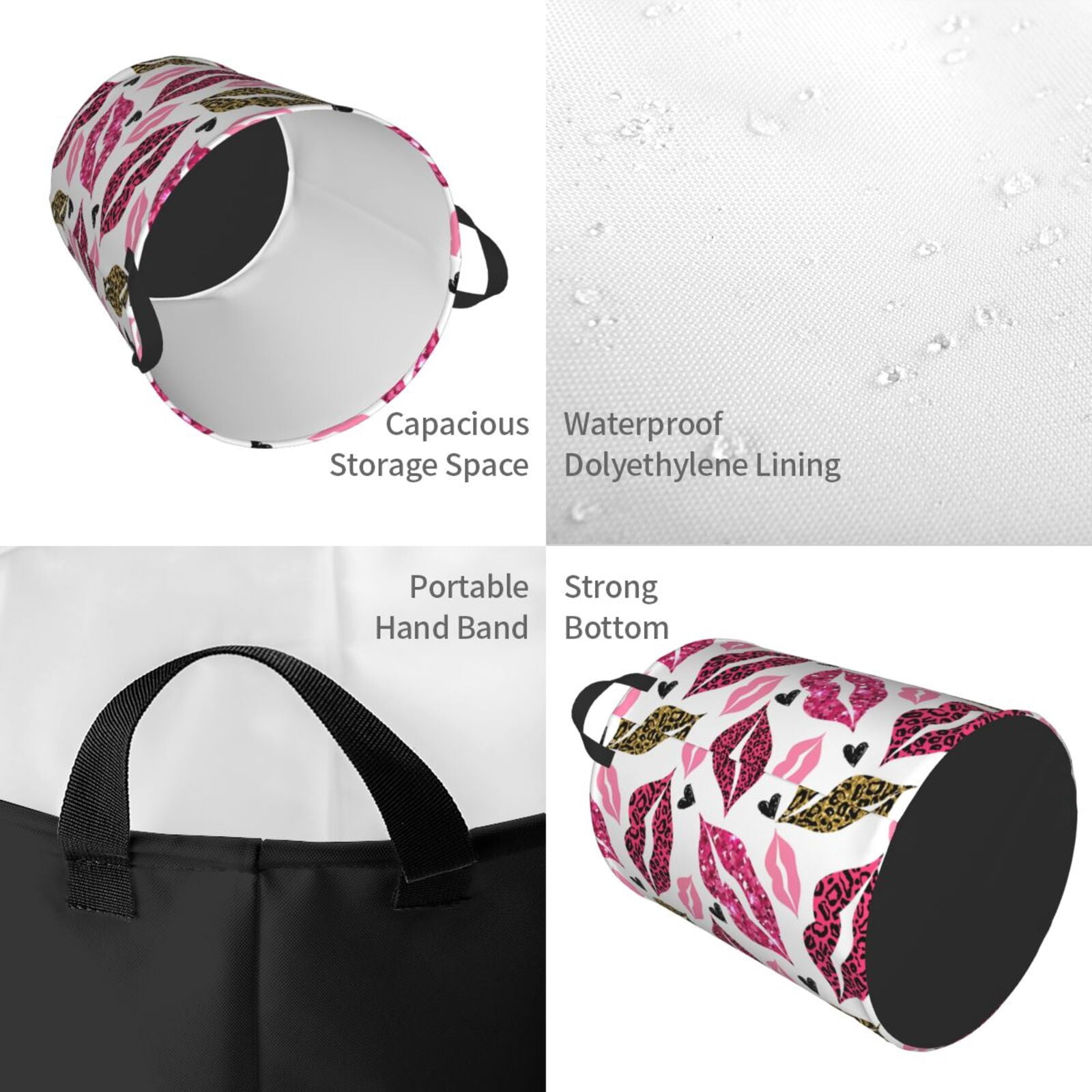 Large Laundry Basket with Handles - fashion Glitter Leopard lips Kids Baby Dirty Clothes Laundry Hamper for Bedroom Aesthetic