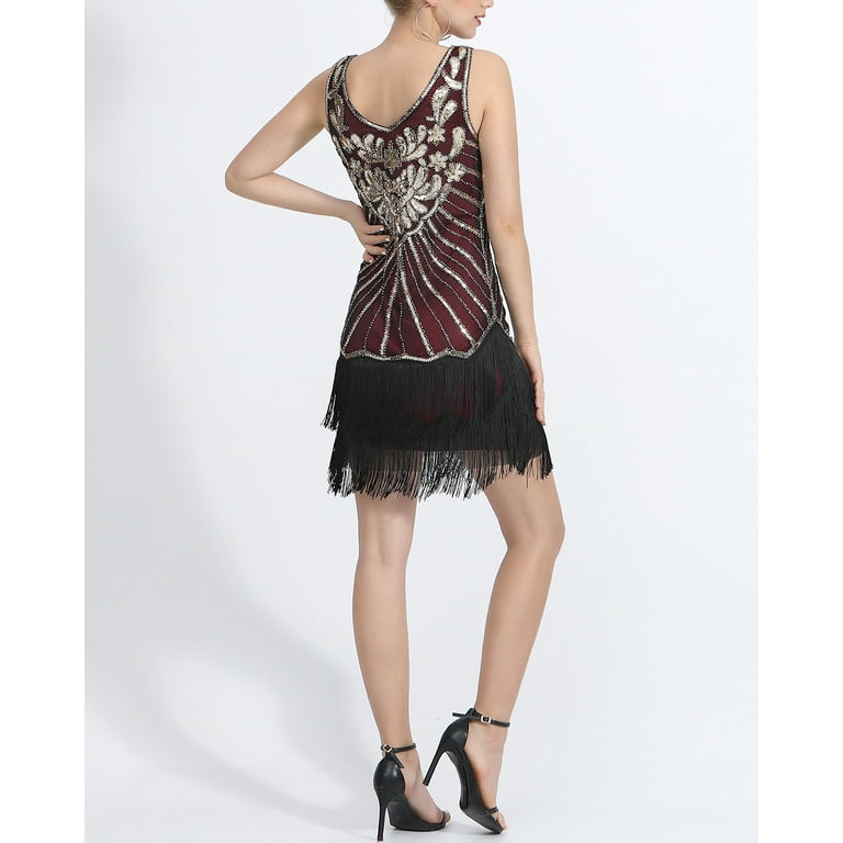 V Neck Womens 1920S Ladies Short Flapper 20S Fancy Dress Beaded Fringed -  Walmart.com