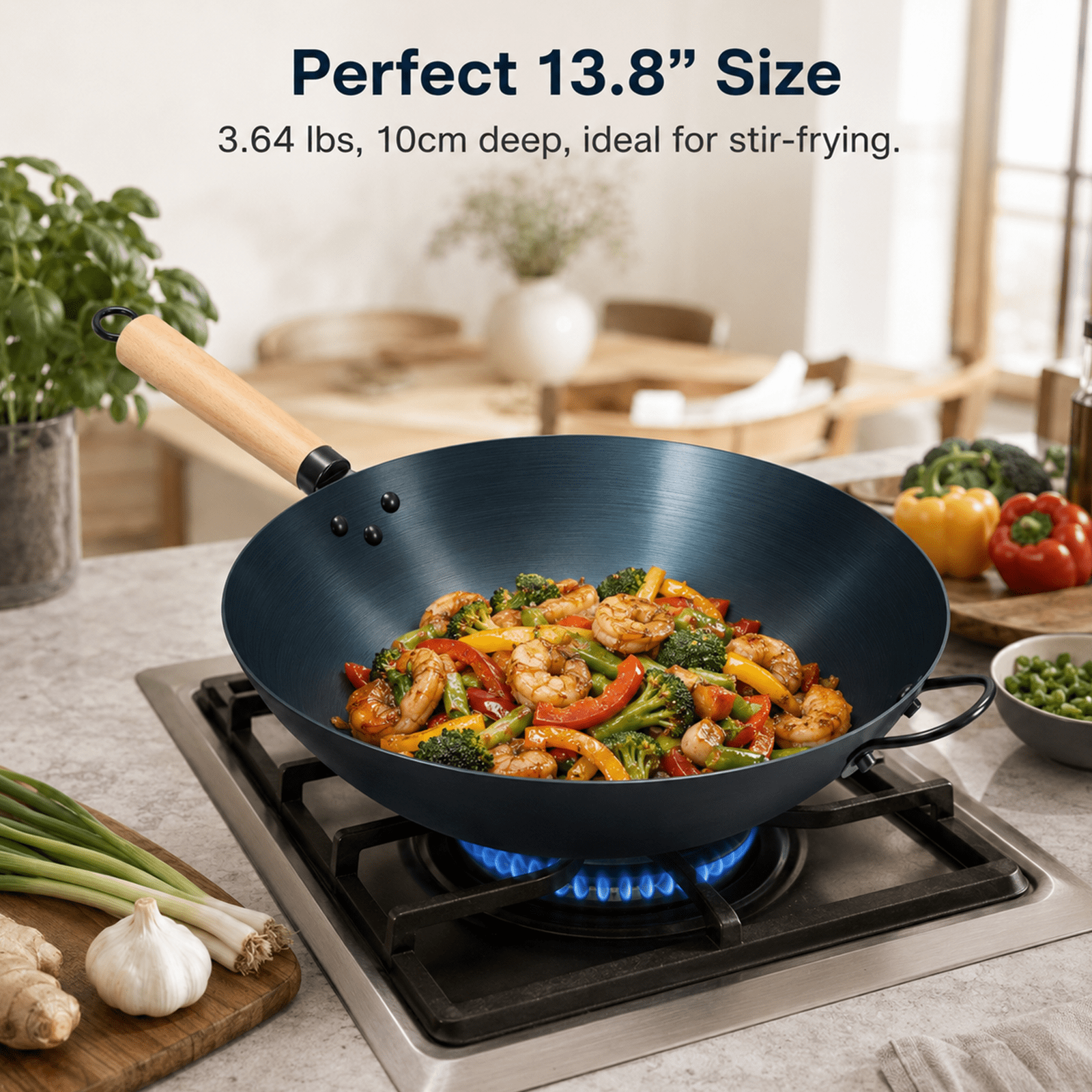 Alvantor 13.8" Carbon Steel Wok Pan, Pre-Seasoned Flat Bottom Pow Wok for Family Meals and Camping, No Chemical Coating, Compatible with Induction, Electric, Gas, Open Fire