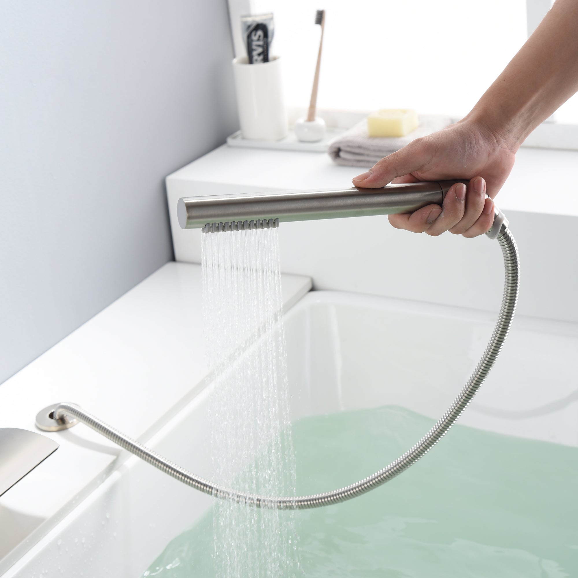 Sumerain Waterfall Roman Tub Faucet with Diverter Brushed Nickel, High Flow Waterfall Tub Filler