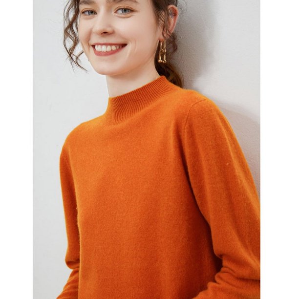 Suéter de lana mernu australiano de primera línea listo para usar, suéter de lana de color sólido de punto de media altura para mujer