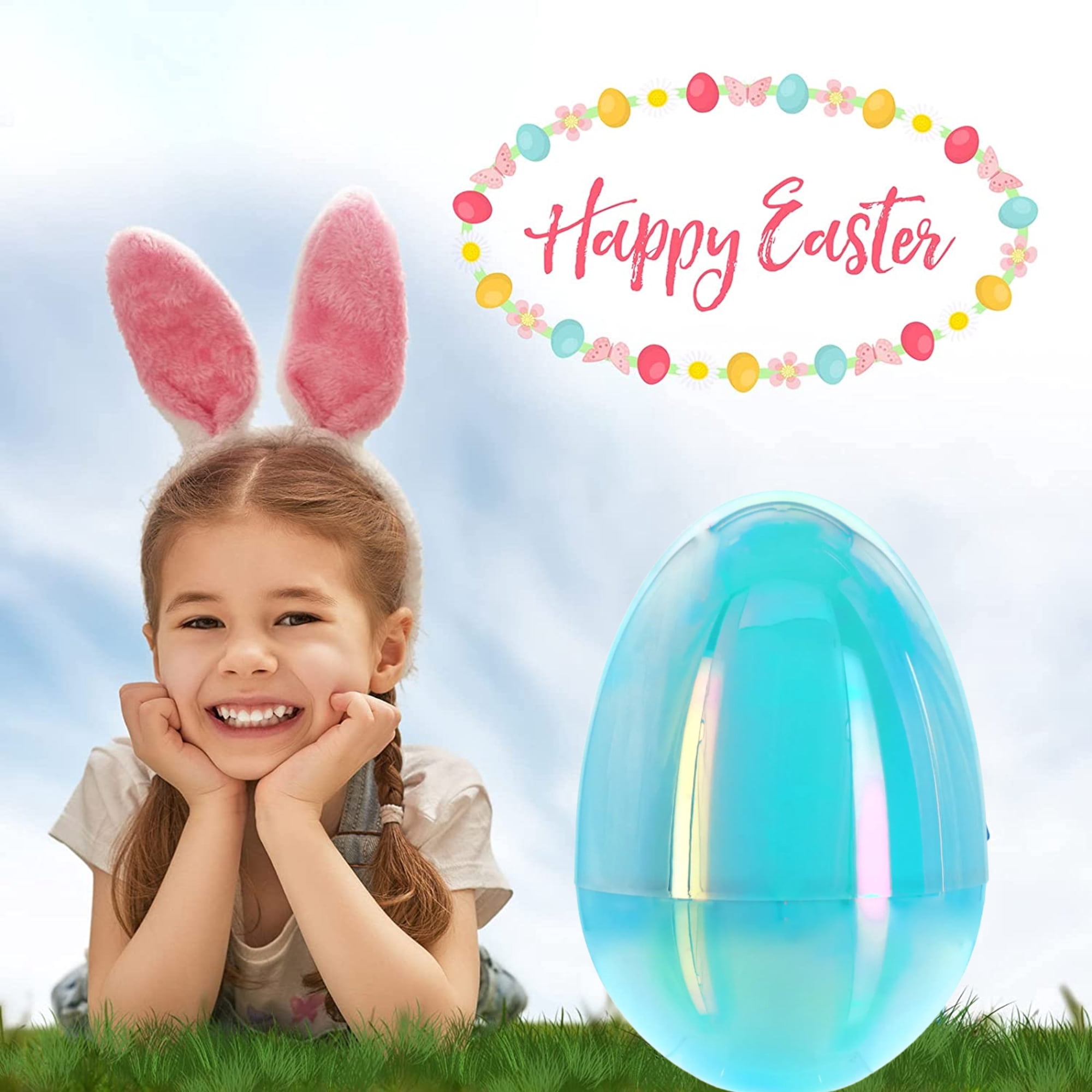 Happy Easter Jumbo Egg Gift Filled with Trolls Poppy Figure Puzzle Set Stacked Pencils Card Games White Board & Reusable Plastic Egg for Kids Girls Egg Hunt Spring Holiday Party Gifts (Contents Vary)