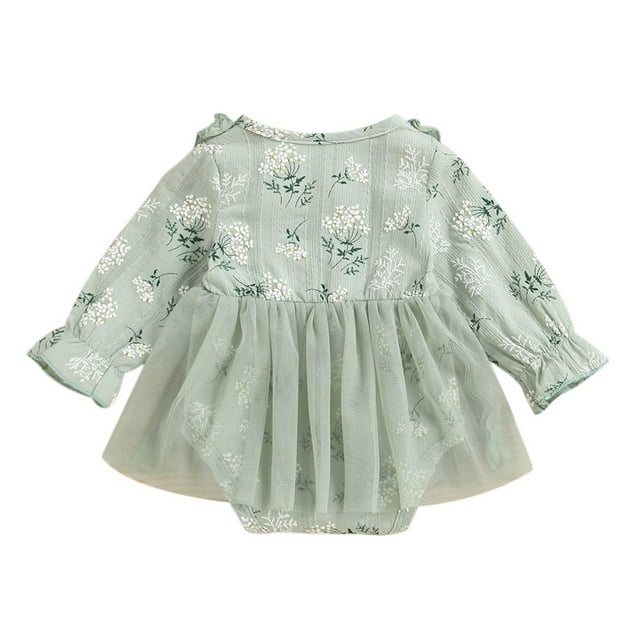 EIMELI Baby Girls Princess Romper Dress Long Sleeve Floral Printed Ruffles Lace Mesh Jumpsuits 0-18M